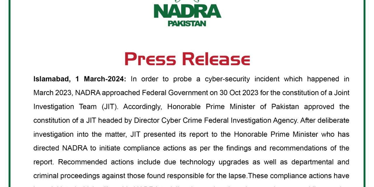On the instructions of the Prime Minister, NADRA initiates actions to reinforce database security
